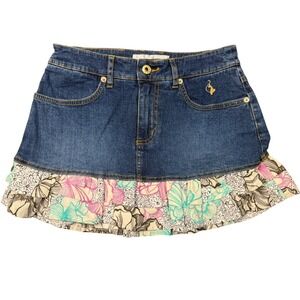Vintage Y2K Baby Phat Denim Skirt with Floral Ruffle Trim Size 11 NEW NWOT